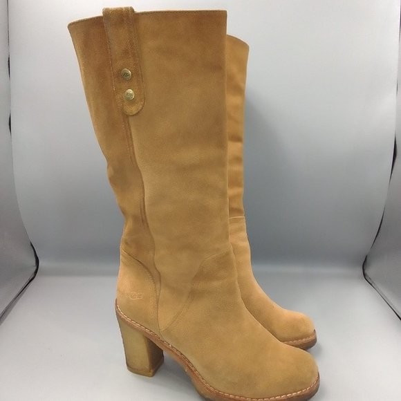 UGG 'Josie' 3214 Brown Heeled Boots Size UK 6 EU 39 Suede Mid-Calf Knee Tan - Picture 11 of 13